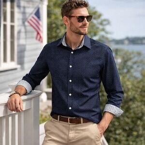 Nick Graham Men's Navy White Polka Dot Stretch Modern‎ Fit Dress Shirt M Preppy